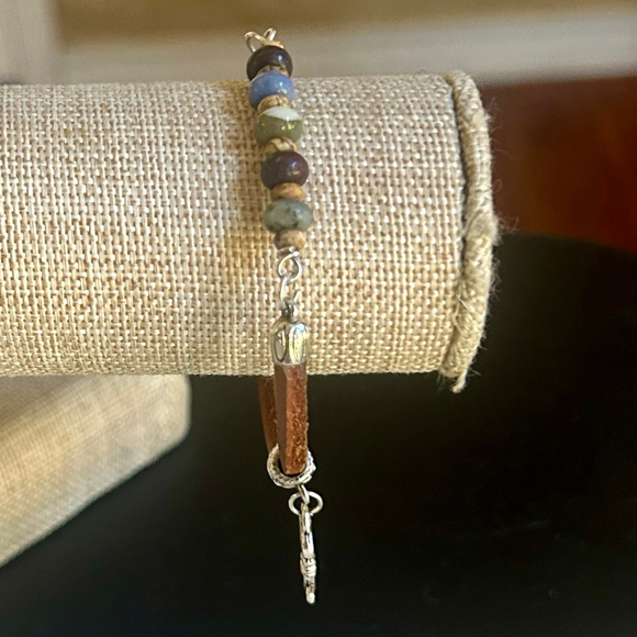 Artisan Jasper Gemstone & Leather Bracelet Silver Key Lock Charm Handmade - Picture 4 of 6